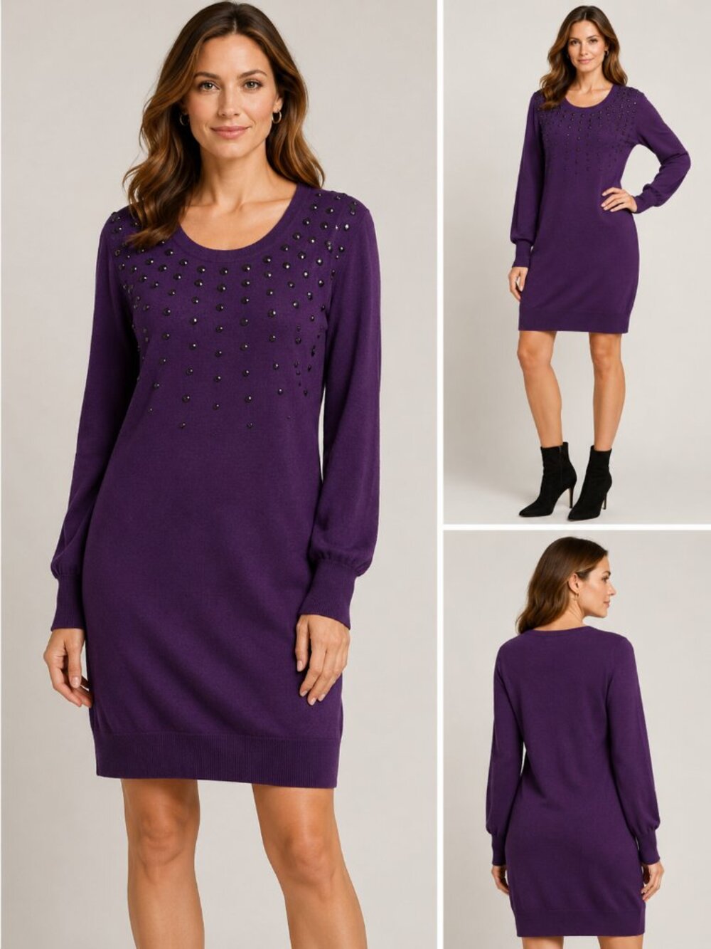 NWOT Bisou Bisou Purple Studded Scoop Neck Sweater Dress